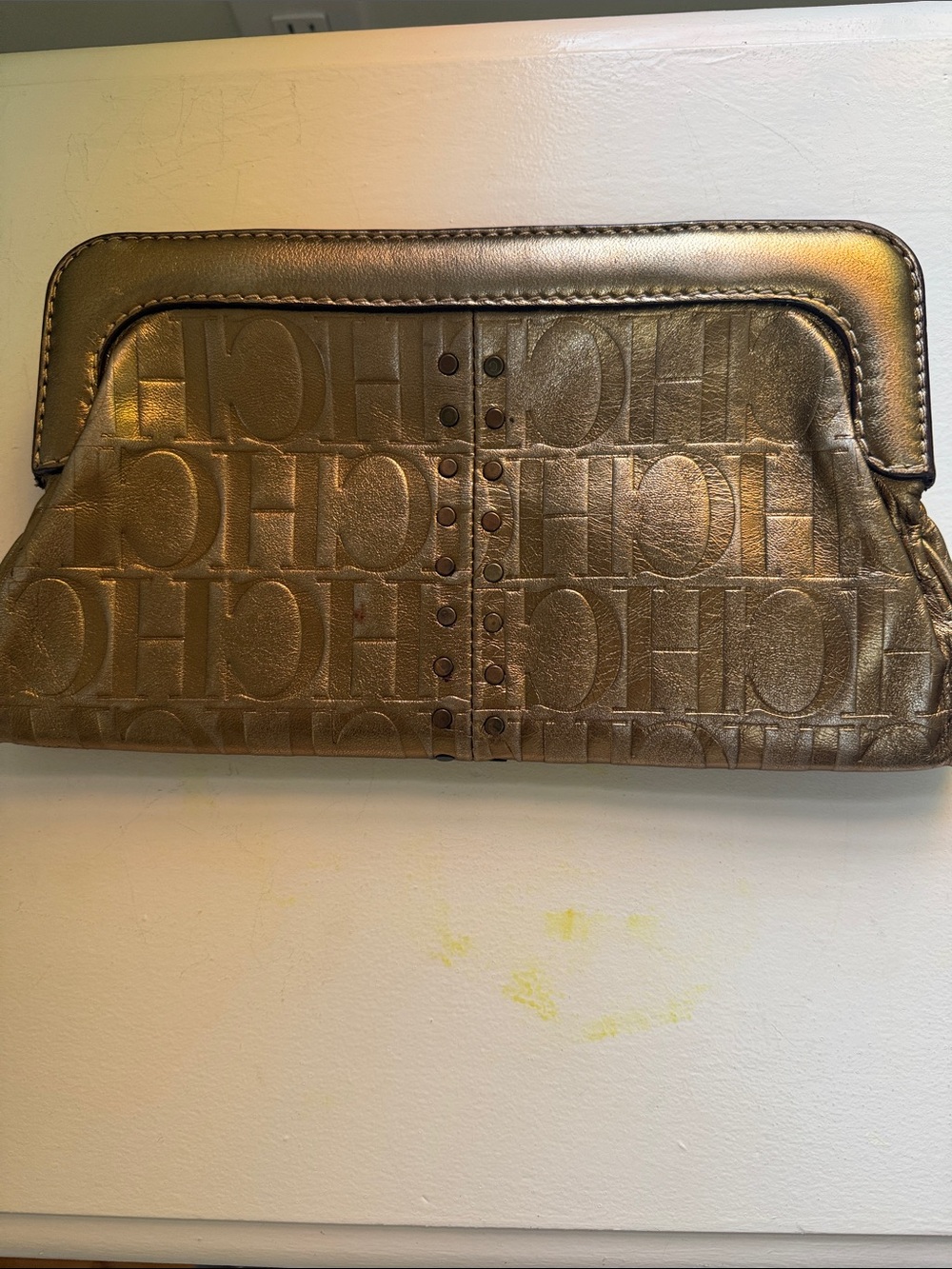 Carolina Herrera Metallic Bronze Logo-Embossed Clutch